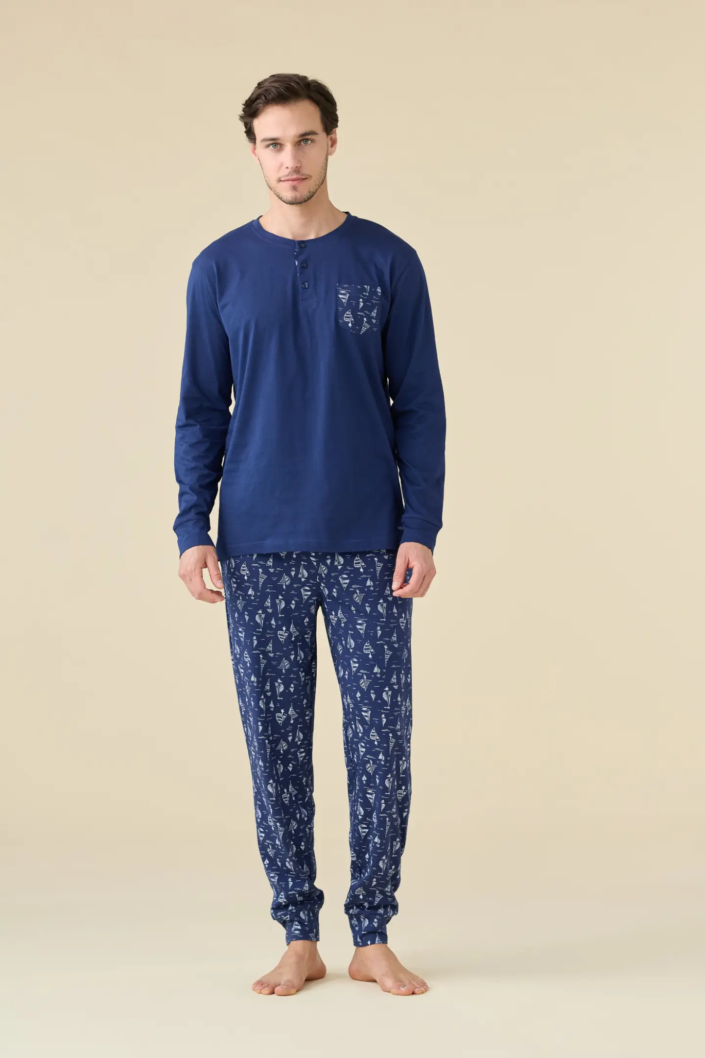 Pigiama uomo estivo in cotone lungo navy dot