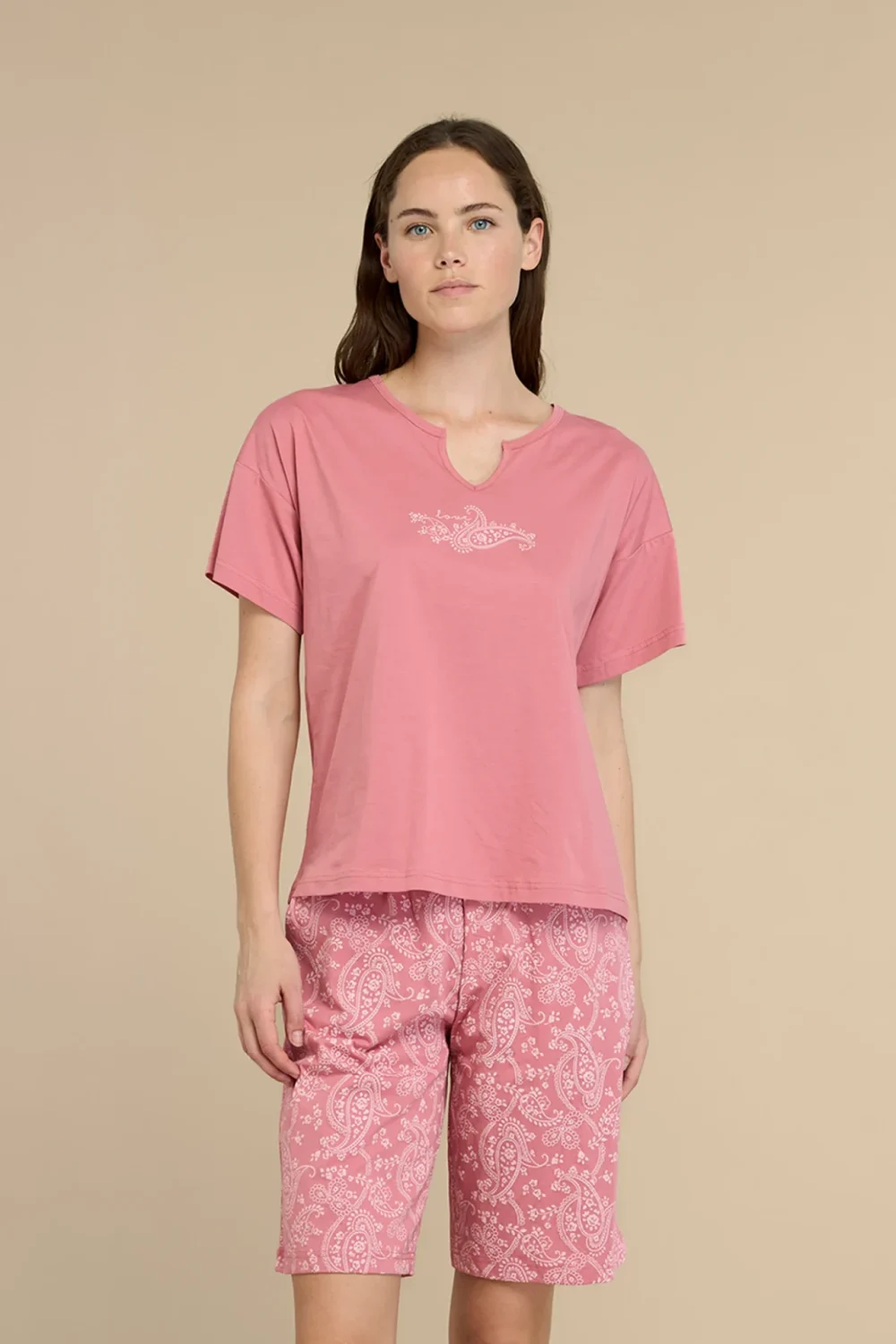 noidìnotte Pigiama donna in cotone con top manica corta e collo a V pantalone bermuda articolo cachemire