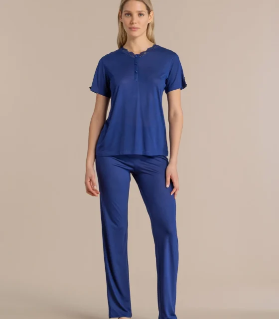 noidìnotte Pigiama donna in modal top con collo tre bottoni e pantalone lungo articolo timeless