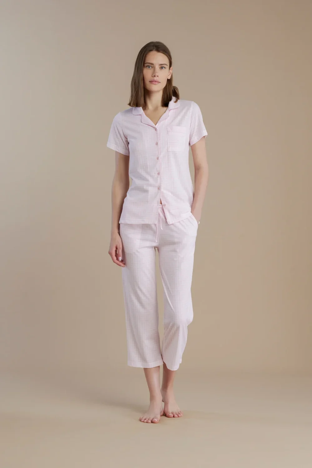 noidìnotte Pigiama donna in cotone con top manica corta e pantalone pescatore 3/4 articolo vichy