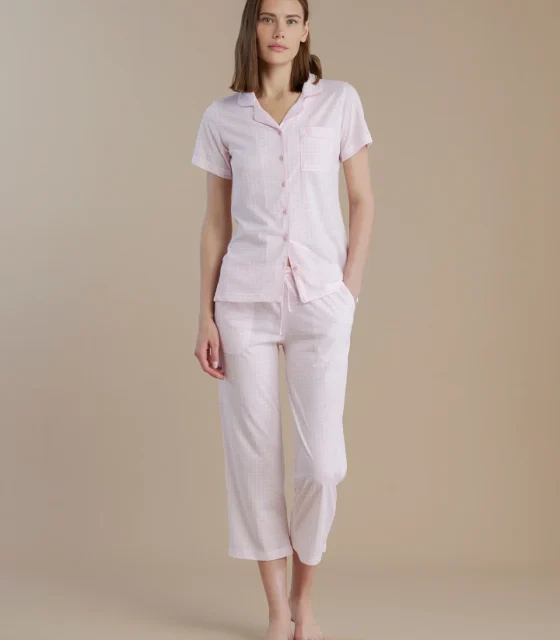 noidìnotte Pigiama donna in cotone con top manica corta e pantalone pescatore 3/4 articolo vichy