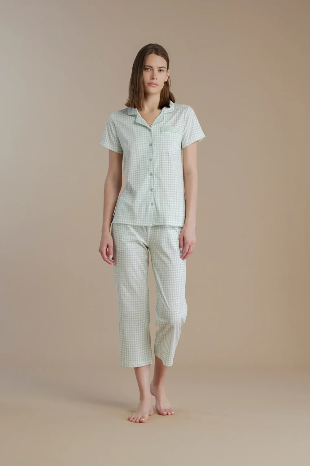 noidìnotte Pigiama donna in cotone con top manica corta e pantalone pescatore 3/4 articolo vichy