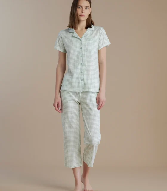 noidìnotte Pigiama donna in cotone con top manica corta e pantalone pescatore 3/4 articolo vichy