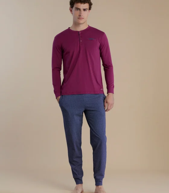 noidìnotte Pigiama uomo in cotone con top manica luna con taschino e pantalone lungo
