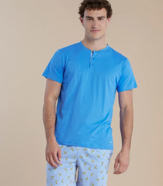 noidìnotte Pigiama uomo in cotone con top tre bottoni pantalone corto