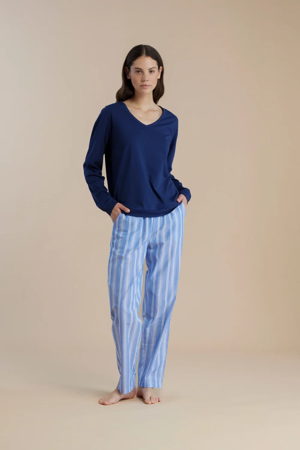 noidìnotte Pigiama donna in cotone con top con scollo a V e pantalone lungo