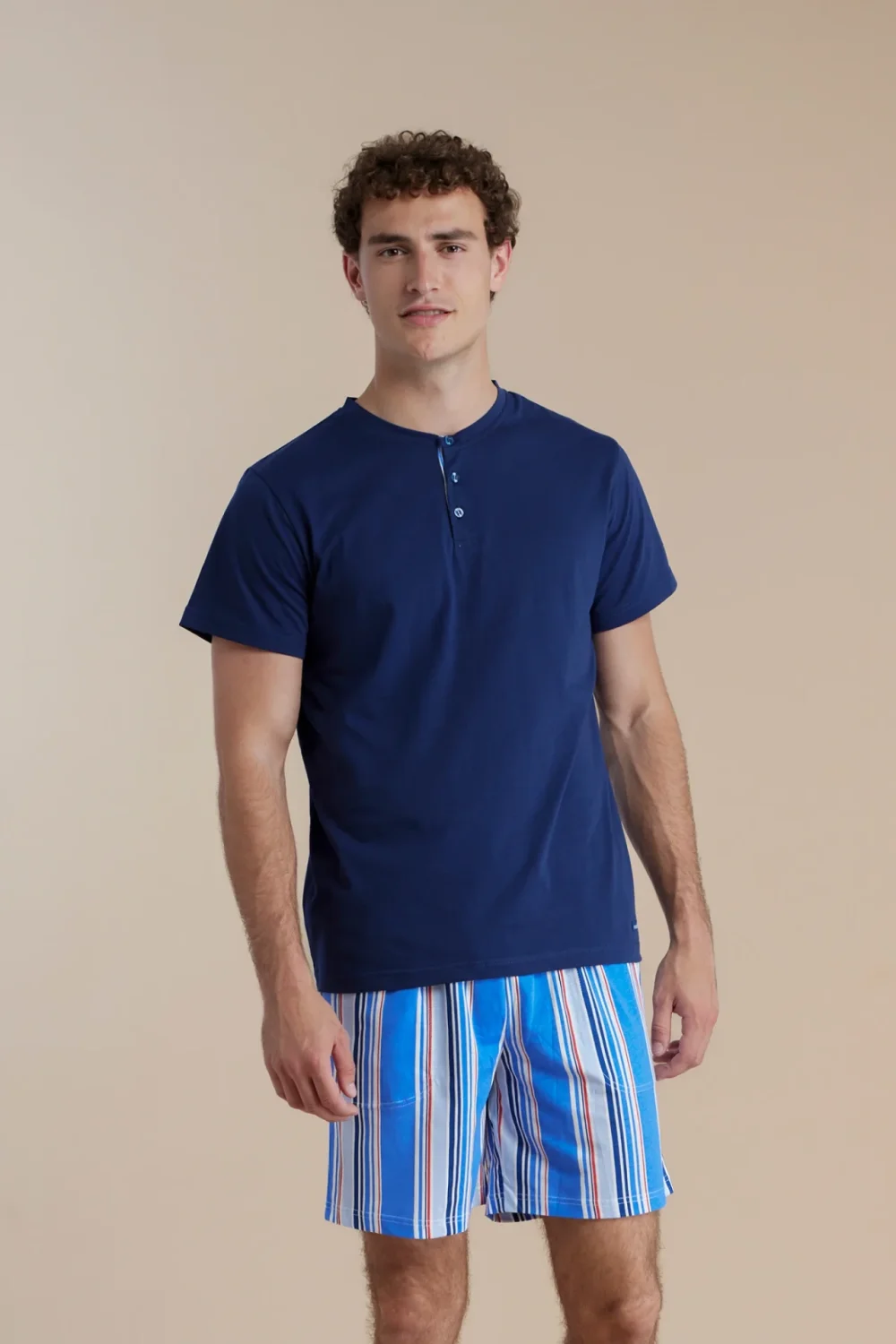 noidìnotte Pigiama uomo in cotone con top con collo tre bottoni e pantalone