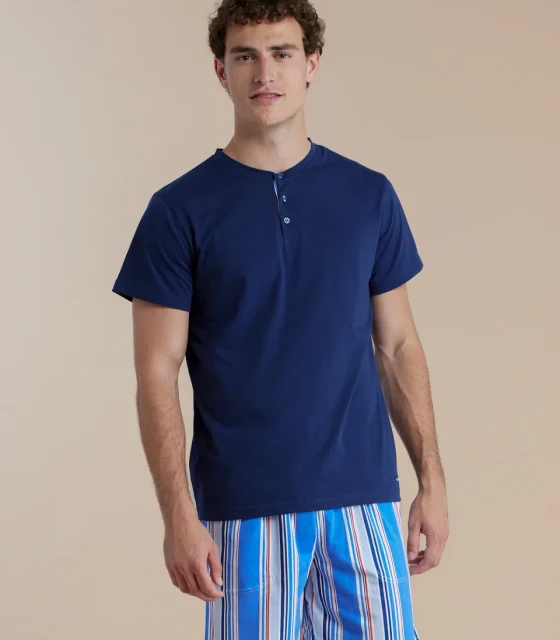 noidìnotte Pigiama uomo in cotone con top con collo tre bottoni e pantalone