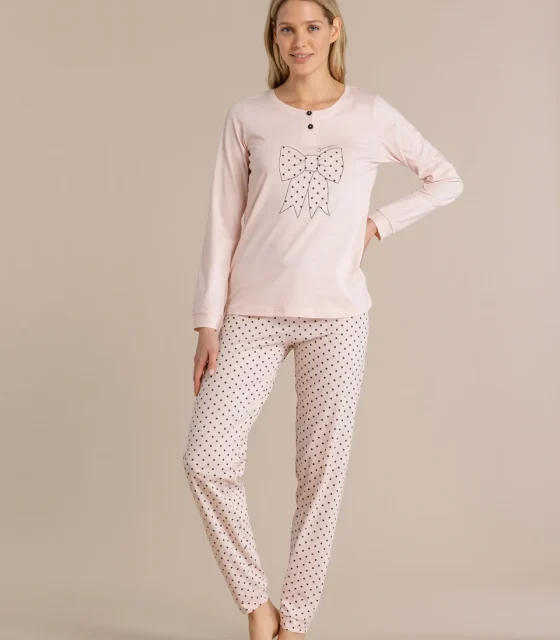 noidìnotte Pigiama donna in cotone top con collo due bottoni e pantalone lungo