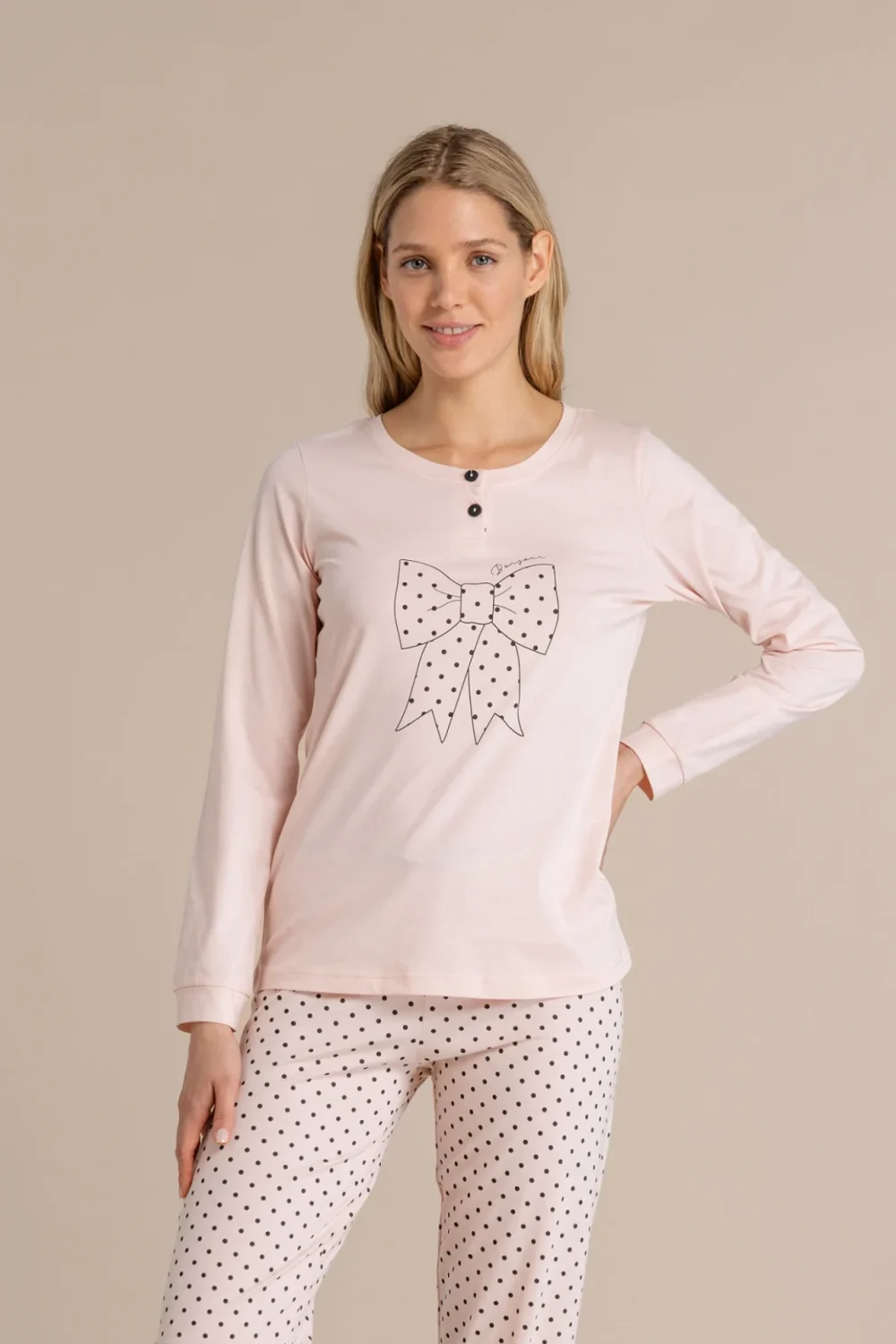 noidìnotte Pigiama donna in cotone top con collo due bottoni e pantalone lungo