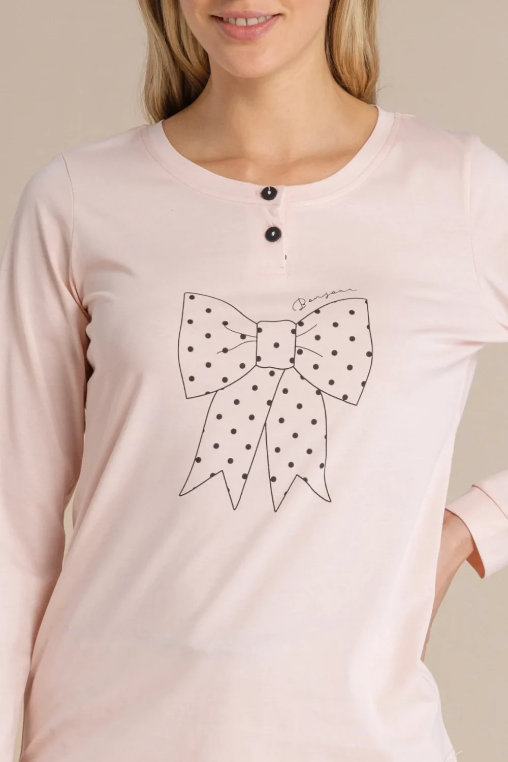 noidìnotte Pigiama donna in cotone top con collo due bottoni e pantalone lungo
