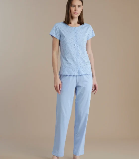 noidìnotte Pigiama donna in cotone top manica corta con apertura sul davanti e pantalone lungo