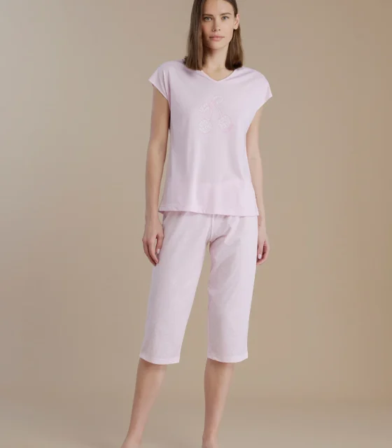 noidìnotte Pigiama donna in cotone top manica corta e scollo a V con pantalone pescatore