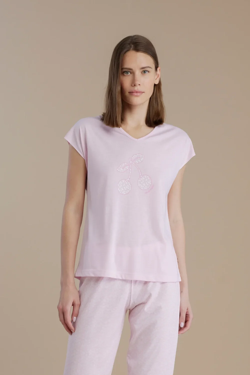 noidìnotte Pigiama donna in cotone top manica corta e scollo a V con pantalone pescatore