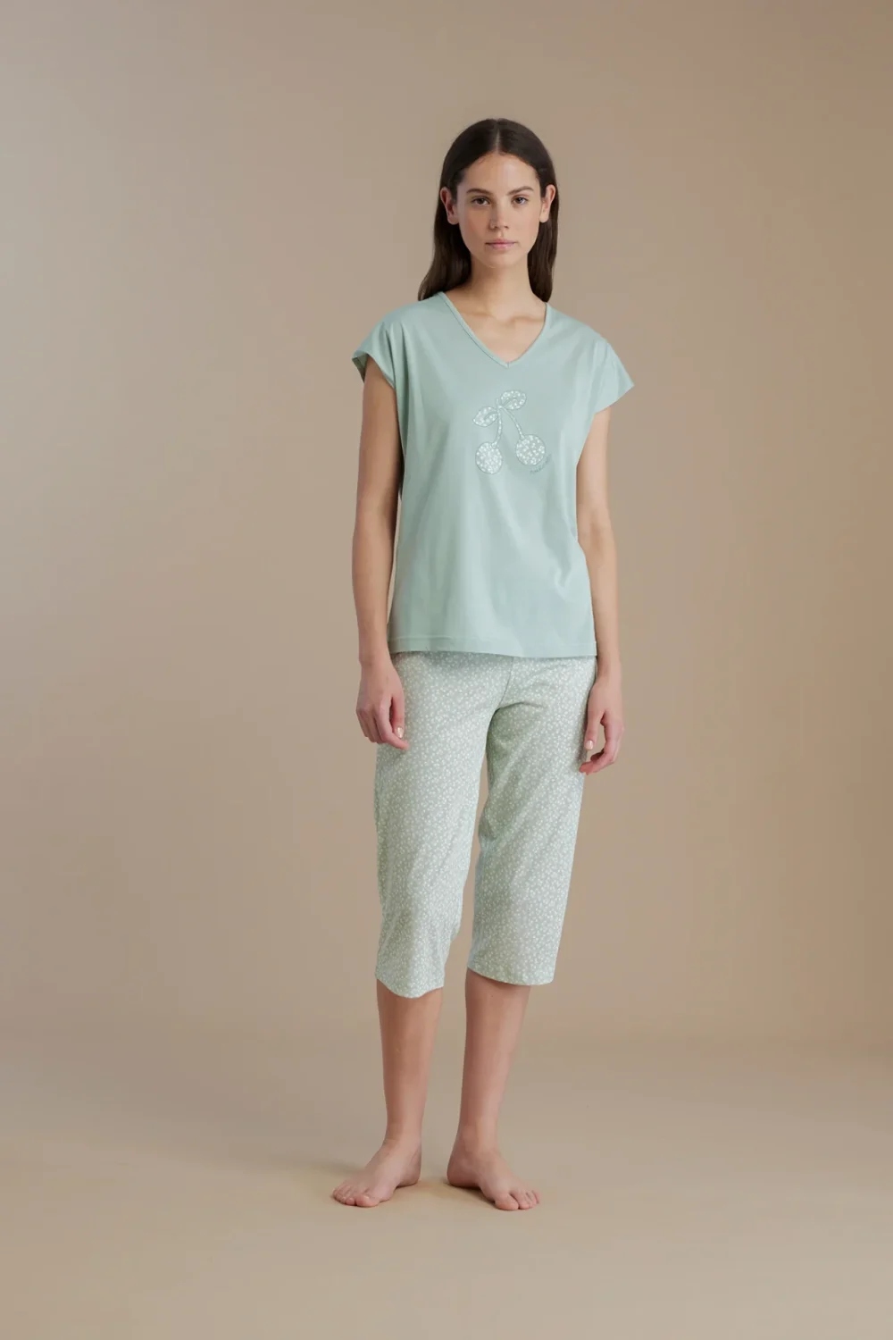 noidìnotte Pigiama donna in cotone top manica corta e scollo a V con pantalone pescatore
