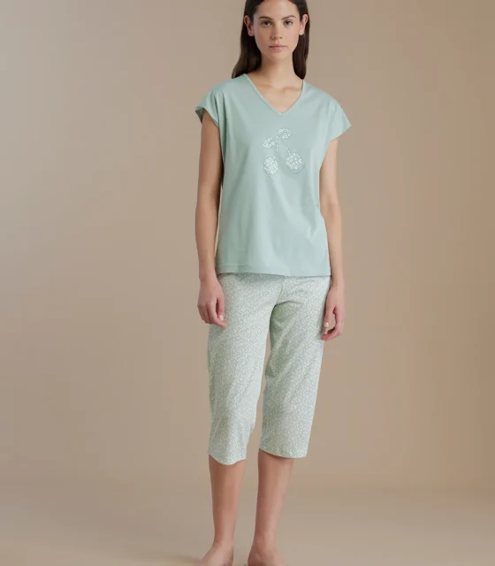 noidìnotte Pigiama donna in cotone top manica corta e scollo a V con pantalone pescatore