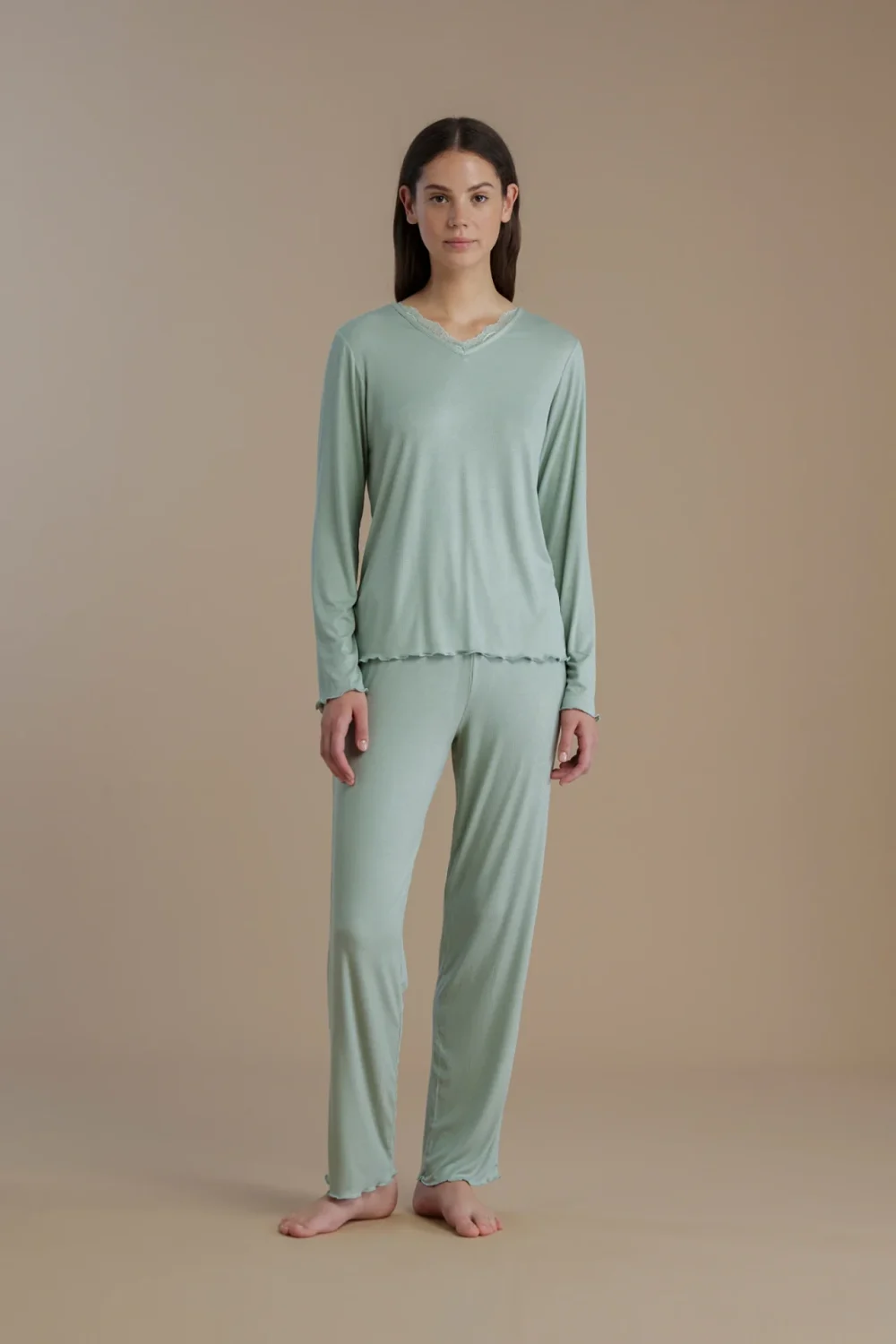 noidìnotte Pigiama donna in costina con scollo a V e pantalone senza polsino
