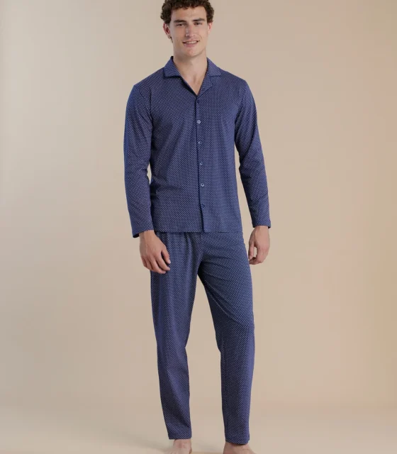 noidìnotte Pigiama uomo in cotone con top aperto davanti e pantalone lungo articolo dot