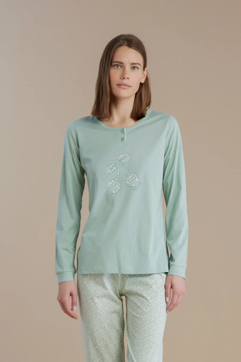 noidìnotte Pigiama donna in cotone con top manica lunga e pantalone con polsini articolo cherry bloom
