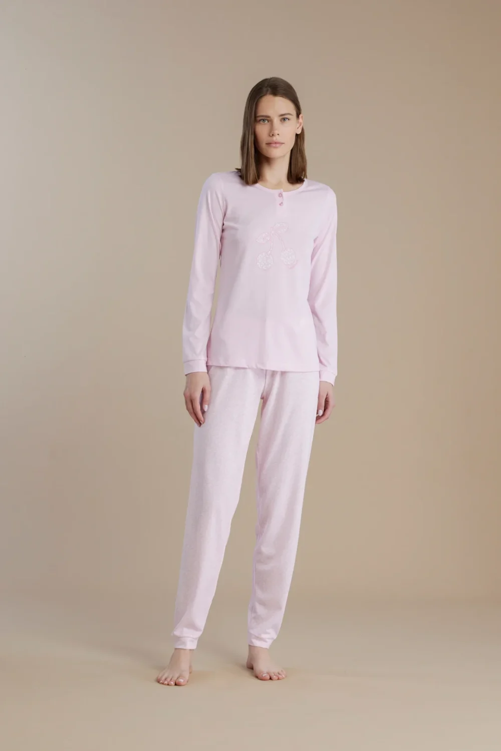 noidìnotte Pigiama donna in cotone con top manica lunga e pantalone con polsini articolo cherry bloom