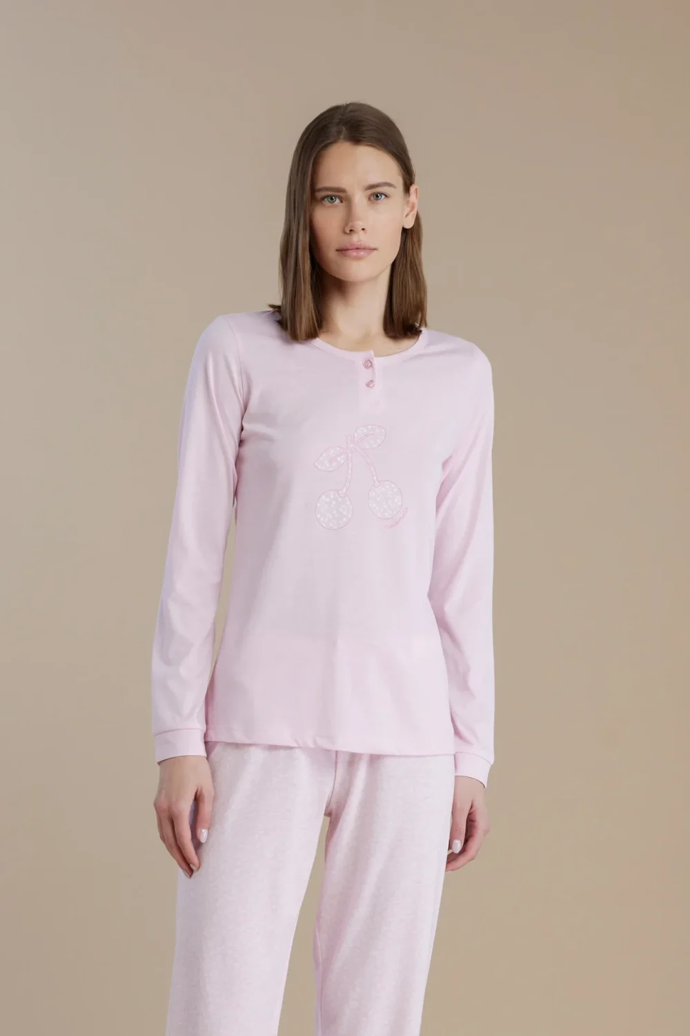 noidìnotte Pigiama donna in cotone con top manica lunga e pantalone con polsini articolo cherry bloom