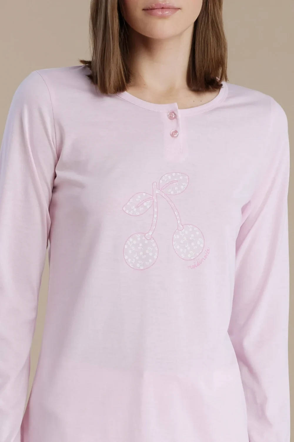 noidìnotte Pigiama donna in cotone con top manica lunga e pantalone con polsini articolo cherry bloom