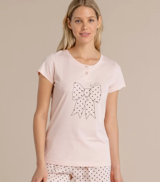 noidìnotte Pigiama donna in cotone top manica corta con collo due bottoni e pantalone corto articolo pois