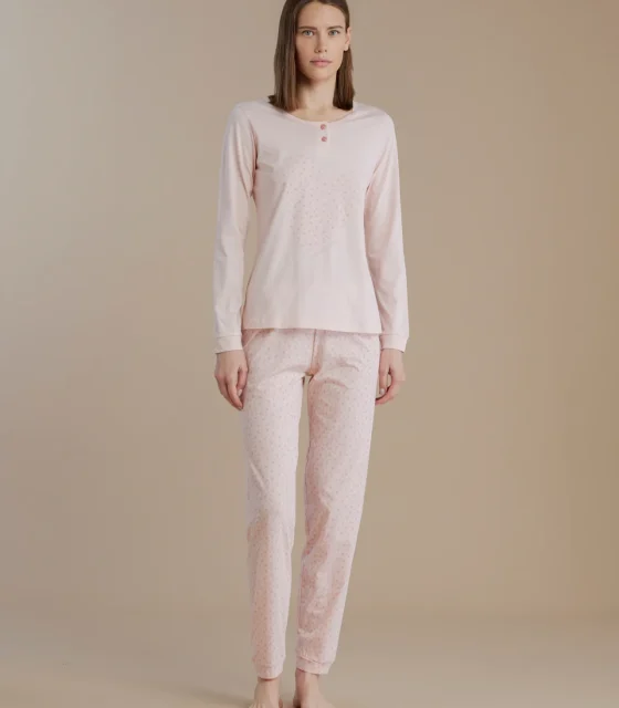 noidìnotte Pigiama donna in cotone con top collo due bottoni e pantalone lungo articolo little flower