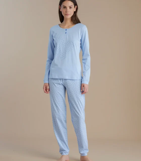 noidìnotte Pigiama donna in cotone con top collo due bottoni e pantalone lungo articolo little flower