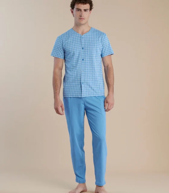 noidìnotte Pigiama uomo in cotone top manica corta aperto davanti e pantalone lungo articolo timeless