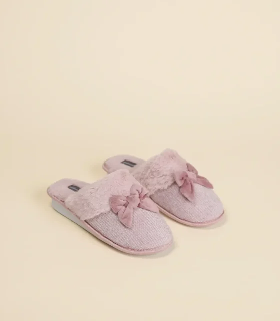 Pantofola donna in ciniglia ed eco-pelliccia articolo fiocco